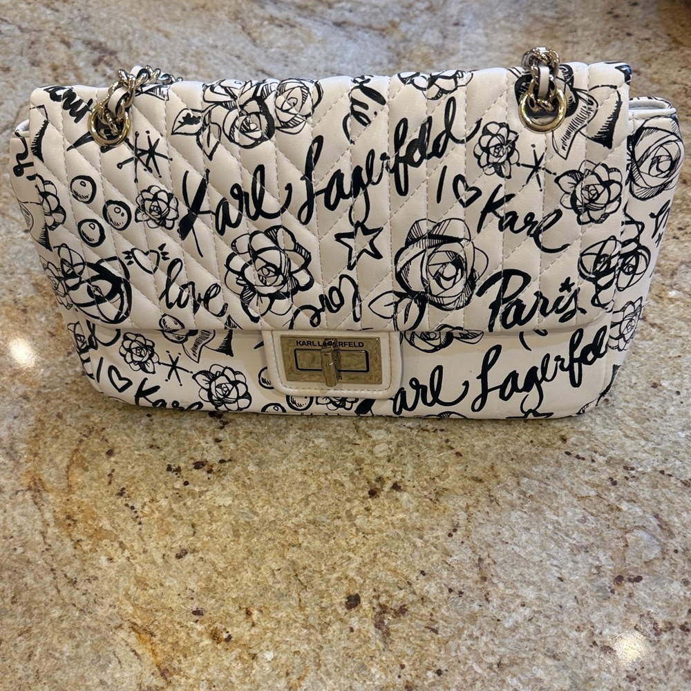 KARL LAGERFELD Black and White Graphic Shoulder Bag
